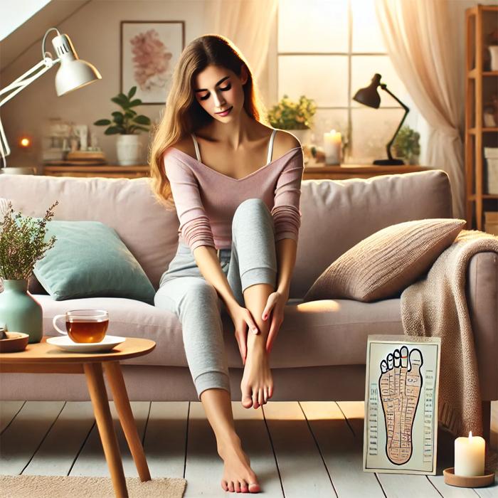 Woman Using Self-Acupressure on Foot
